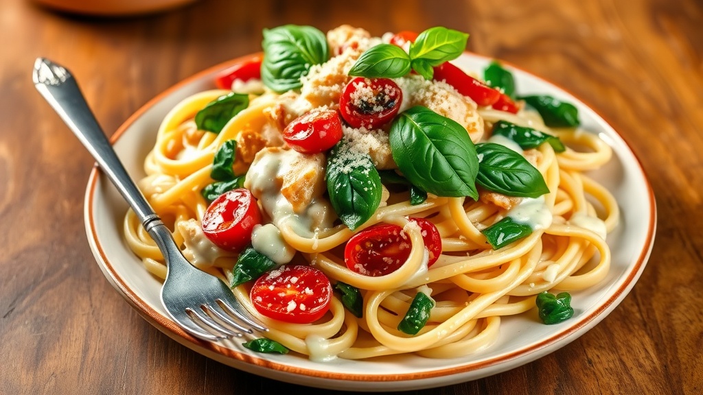 Rich and Creamy Tuscan Chicken Pasta Recipe A plate of creamy Tuscan chicken pasta with spinach and sun-dried tomatoes, garnished with parmesan and basil.